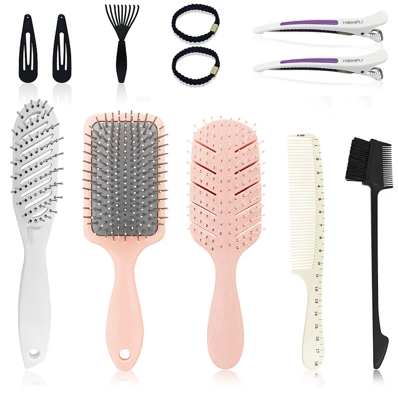12pcs Hair Brush Set With Edge Paddle Vent Hairbrushes Women Gifts  Pink Detangling Brushes Comb Set Styling Hair Clips